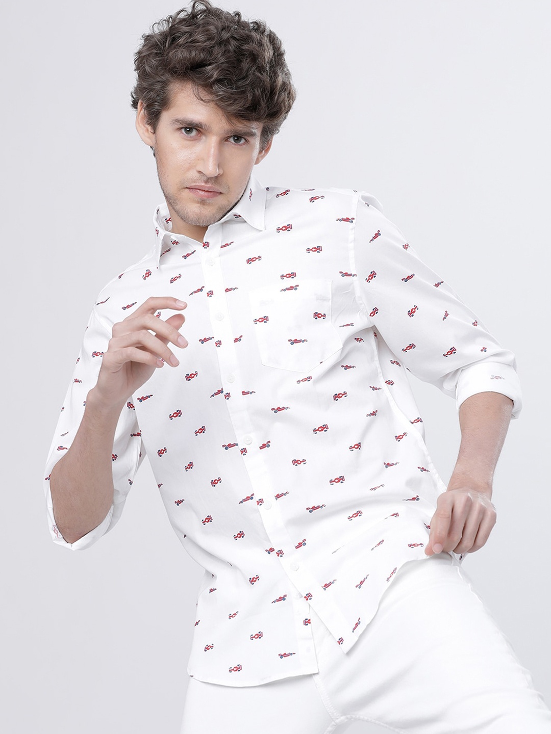 HIGHLANDER Men White Slim Fit Printed Casual Shirt