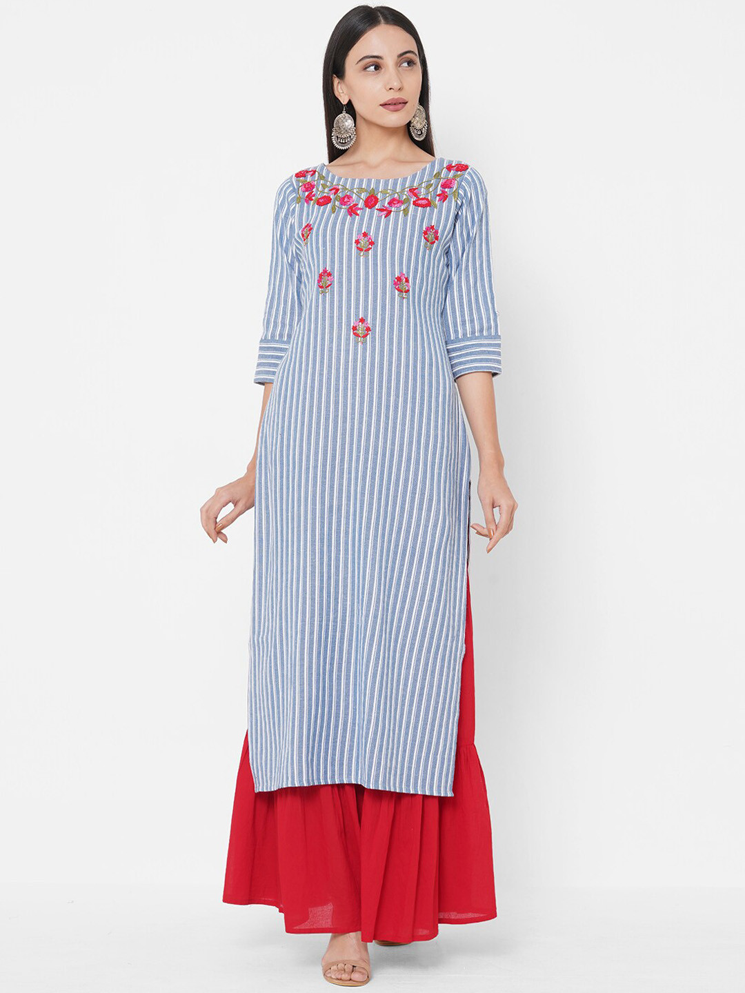 

FASHOR Blue Striped Thread Work Floral Round Neck Regular Sleeves Kurta