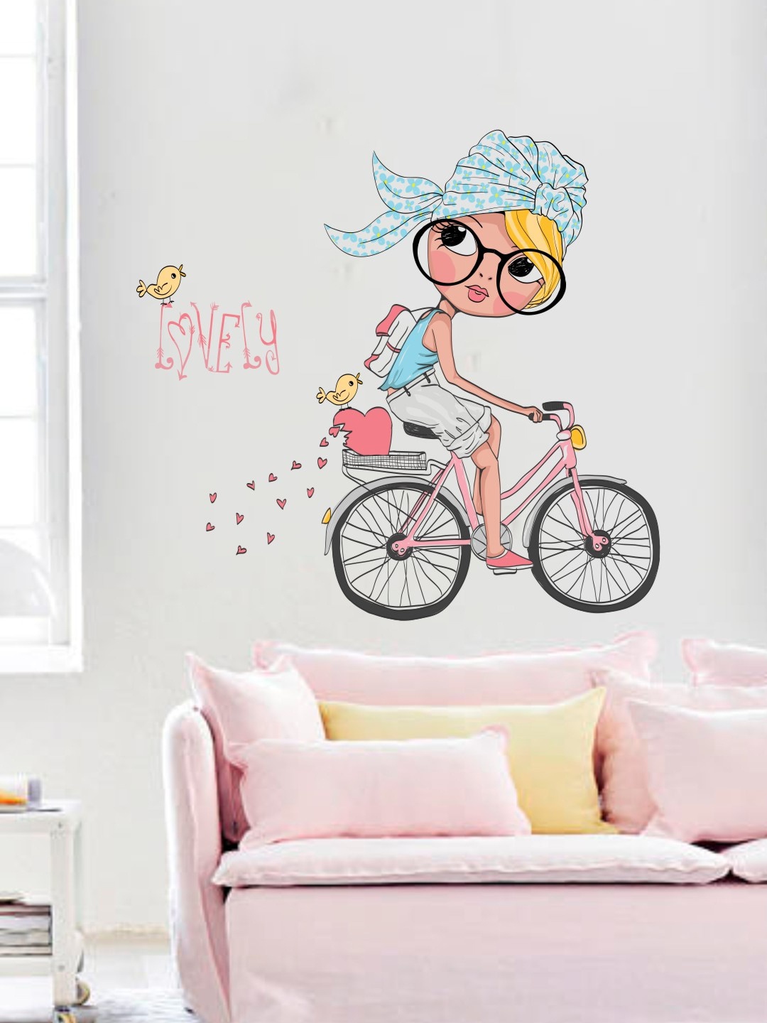 

rawpockets Multicoloured Girl on a Cycle & Love Birds Wallpaper, Multi