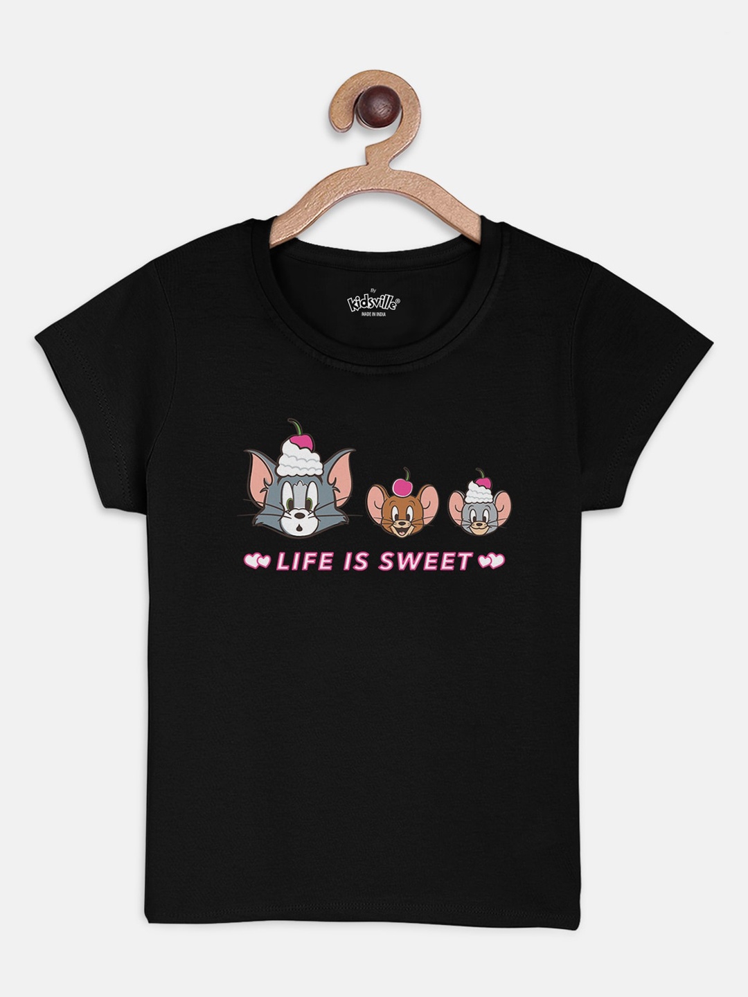 

Kids Ville Tom & Jerry Girls Black Printed Round Neck T-shirt