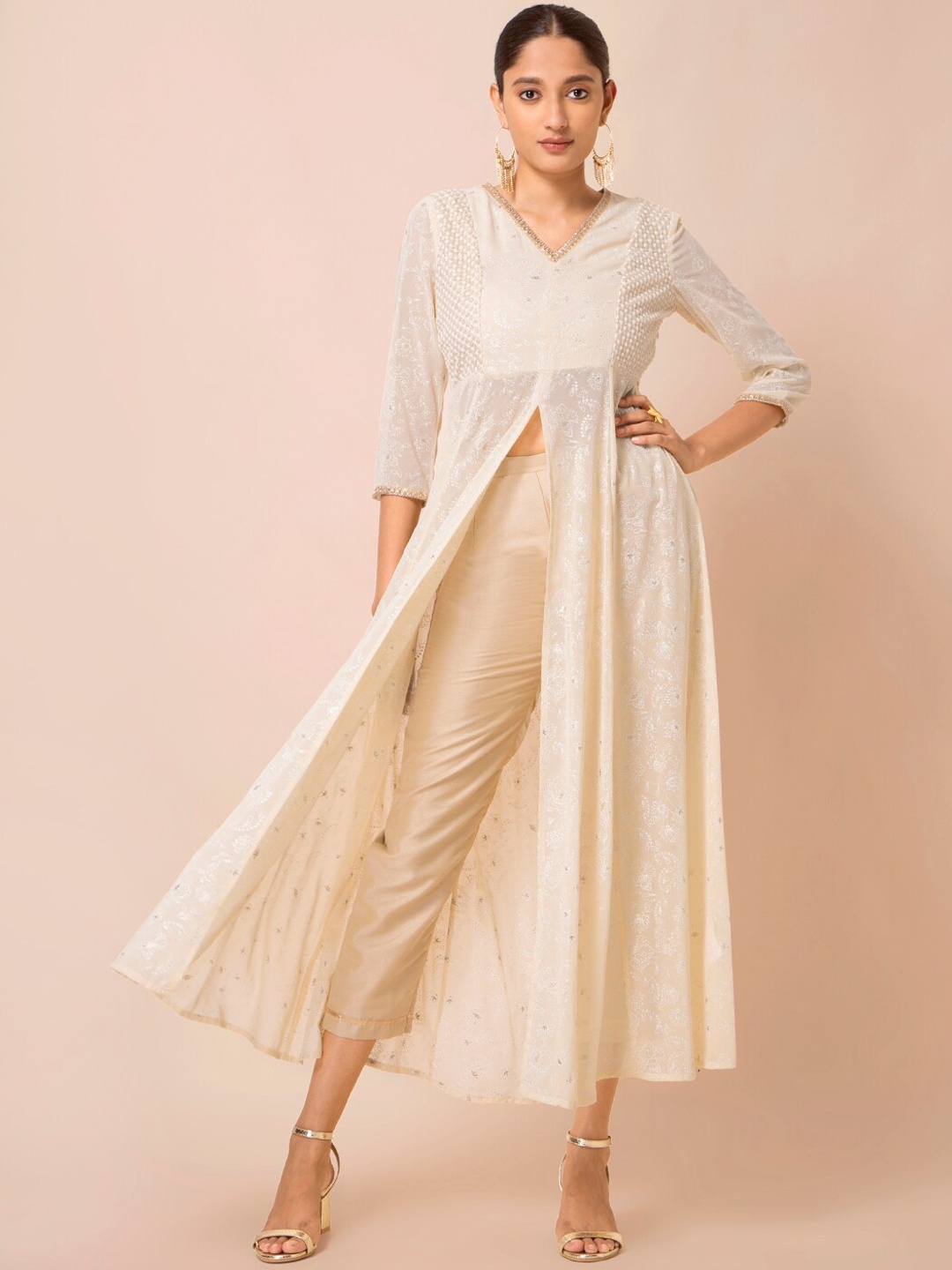 

INDYA Ivory Embroidered Panelled High Slit Tunic, White