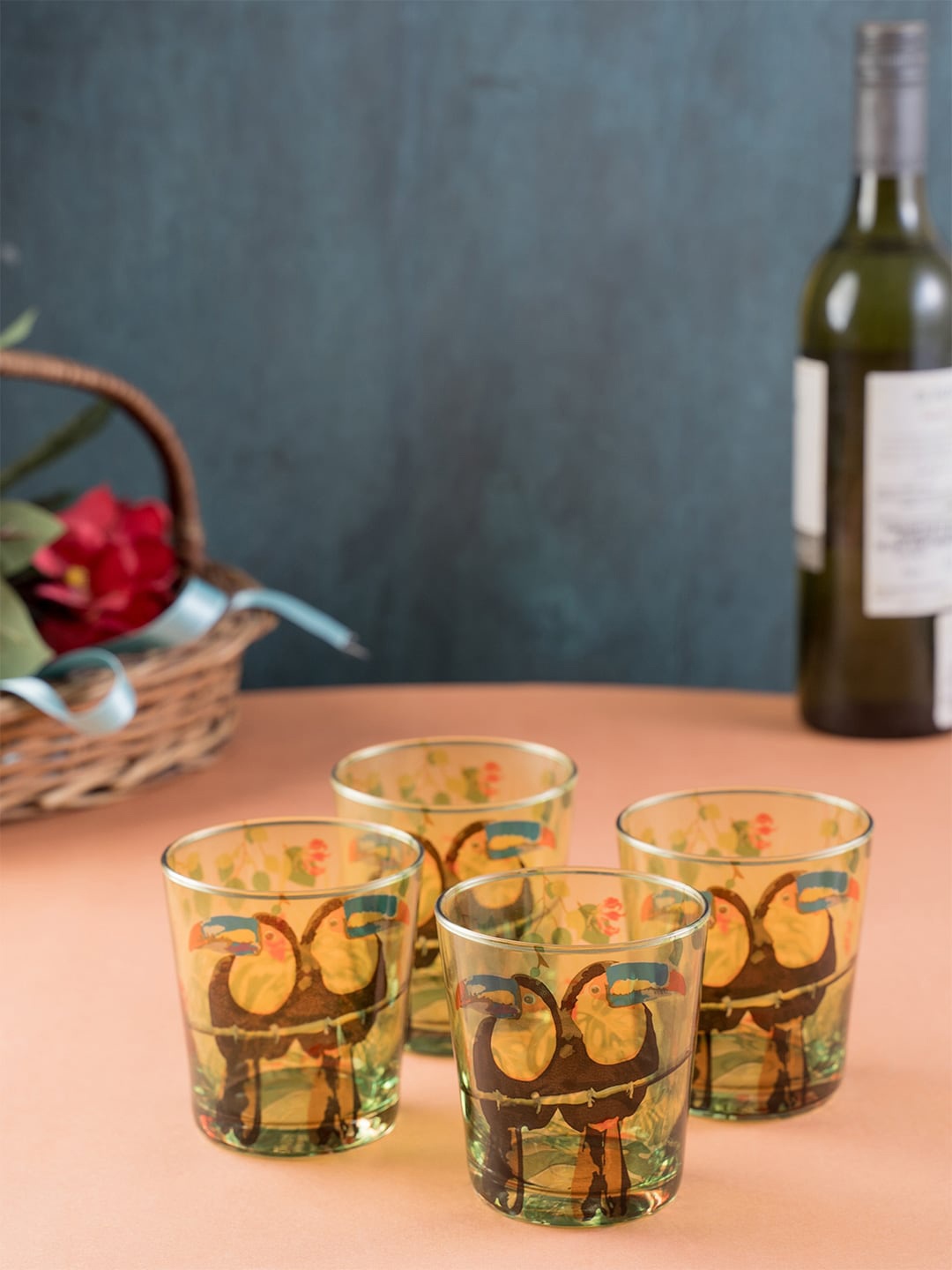 

KOLOROBIA Set Of 4 Green & Yellow Toucan Inspired Printed 250ml Conical Glass Tumblers
