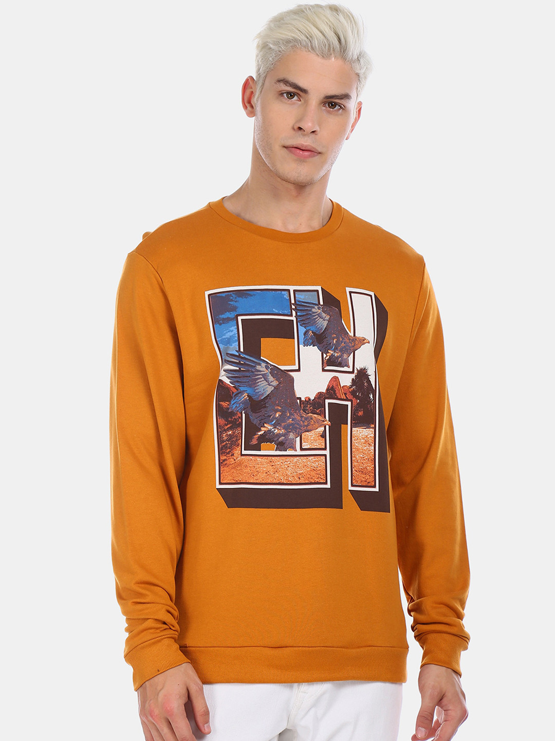

Ed Hardy Men Mustard Yellow & Blue Printed Cotton Sweatshirt