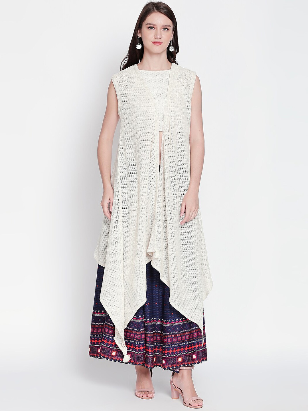 

AKKRITI BY PANTALOONS Women Off-White Self Design Fusion Open Front Shrug