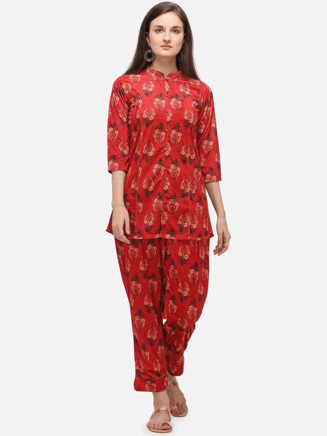 

Ahalyaa Women Red Printed Velvet Kurti with Trousers
