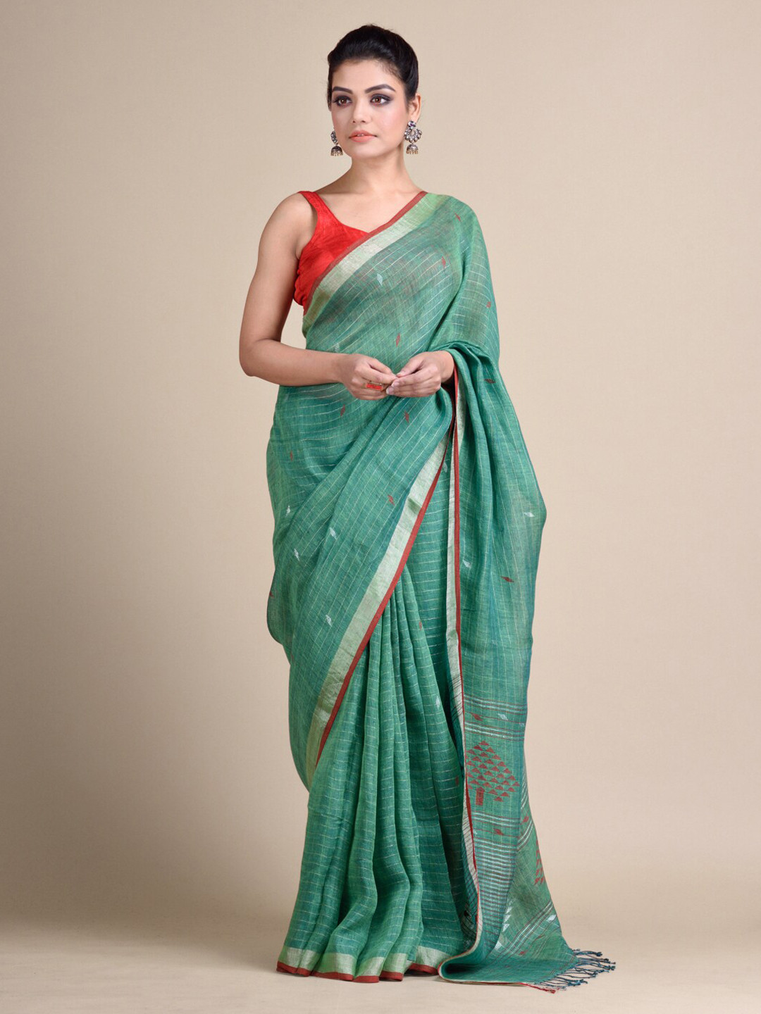 

Mitera Green Checked Pure Linen Saree