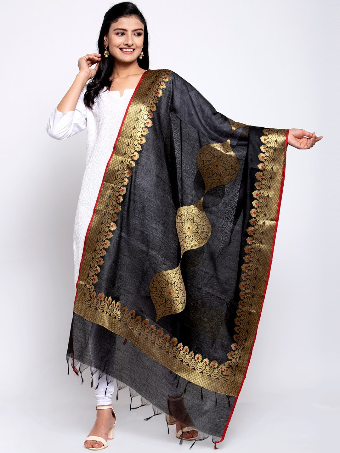 

LOOM LEGACY Black & Gold-Toned Banarsi Cotton Silk Jacquard Dupatta