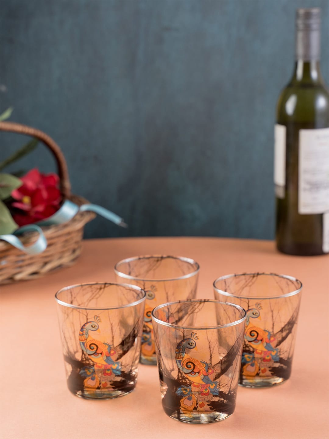 

KOLOROBIA Set of 4 Beige & Blue Charismatic Peacock Conical Glasses