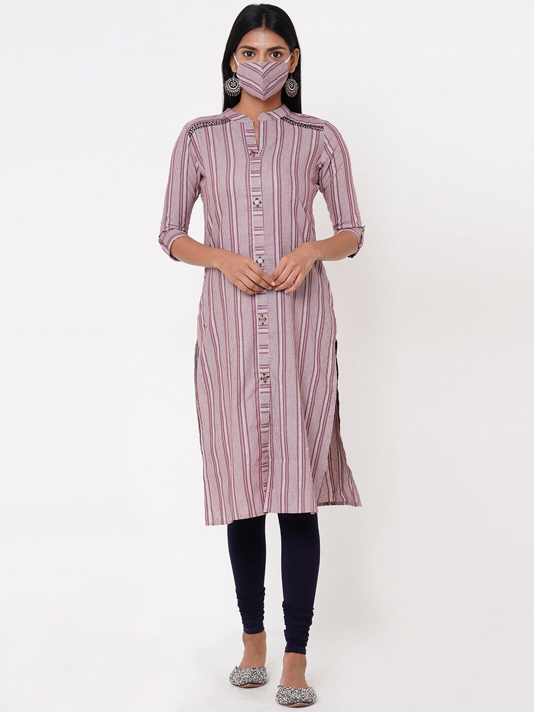 

FASHOR Pink Striped Band Collar Regular Sleeves Kurta