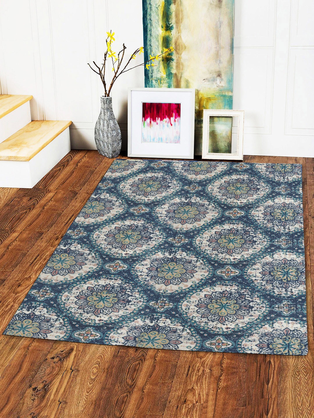 

Status Navy Blue & Off-White Printed Anti-Skid Carpet
