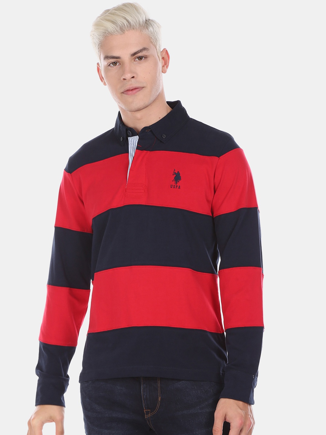 U.S. Polo Assn. Men Blue Striped Polo Collar Cotton Pure Cotton T-shirt