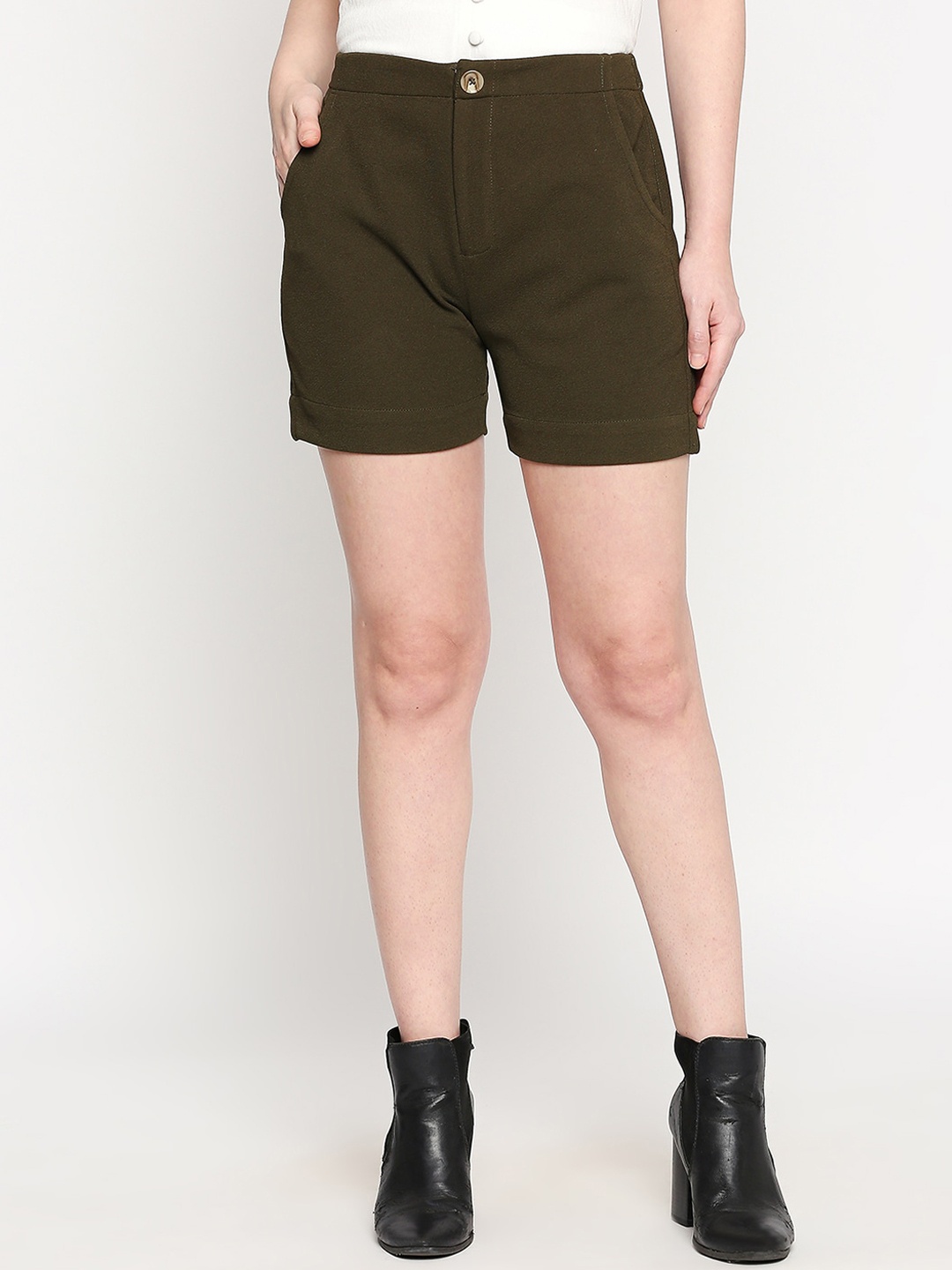 

inocenCia Women Olive Green Solid Regular Shorts