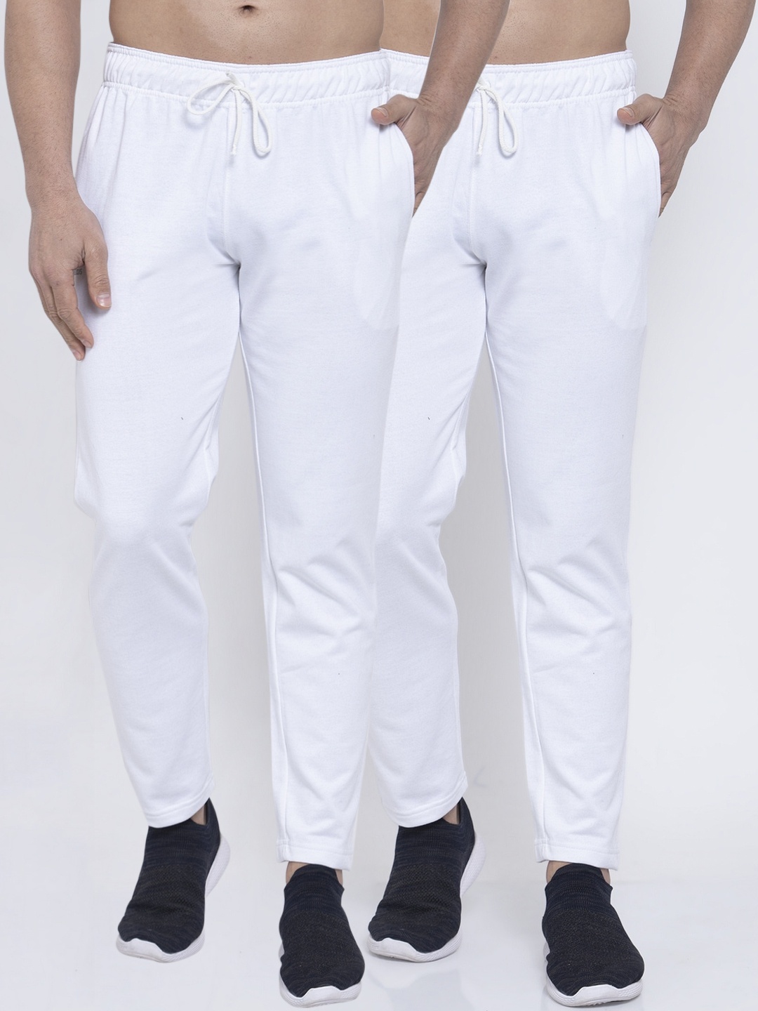 

NEUDIS Men Pack Of 2 White Solid Structured-Fit Cotton Track Pants