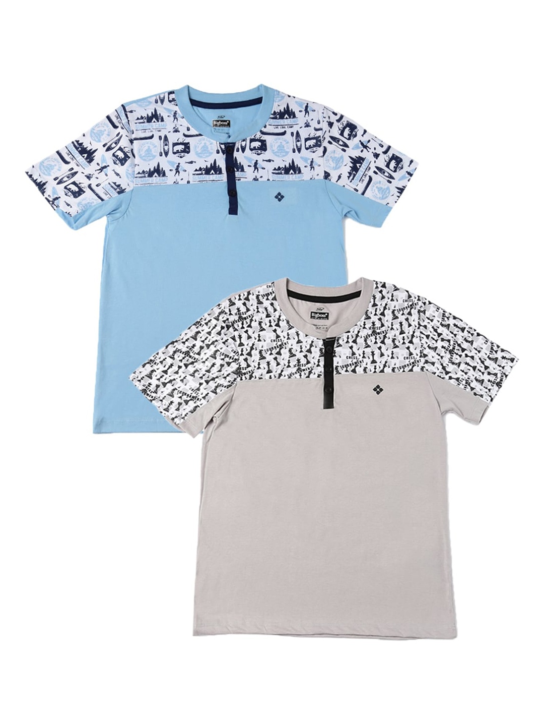 Dollar Boys Pack Of 2 Printed Henley Neck Pure Cotton T-shirts, Blue