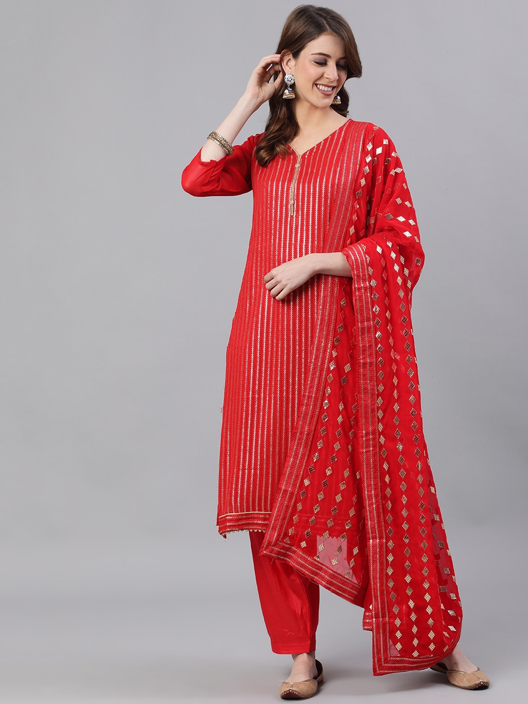 

Ishin Women Red & Gold-Toned Striped Kurta with Patiala & Dupatta