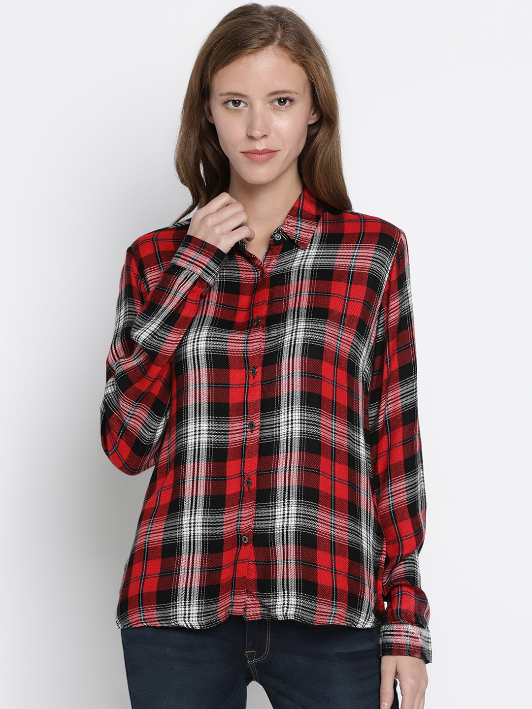 

Pepe Jeans Women Red & White Regular Fit Checked Casual Shirt