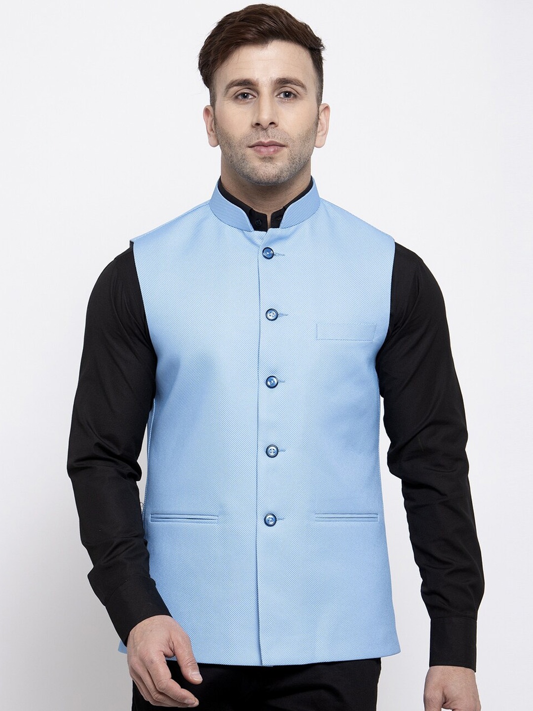 

Wintage Men Blue Woven Design Nehru Jacket