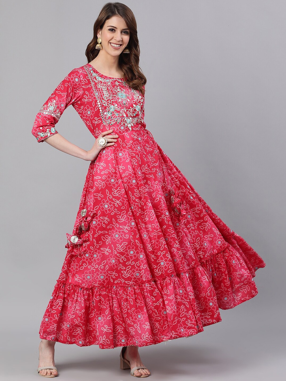 

Ishin Women Pink Printed Anarkali Round Neck Regular Sleeves Kurta