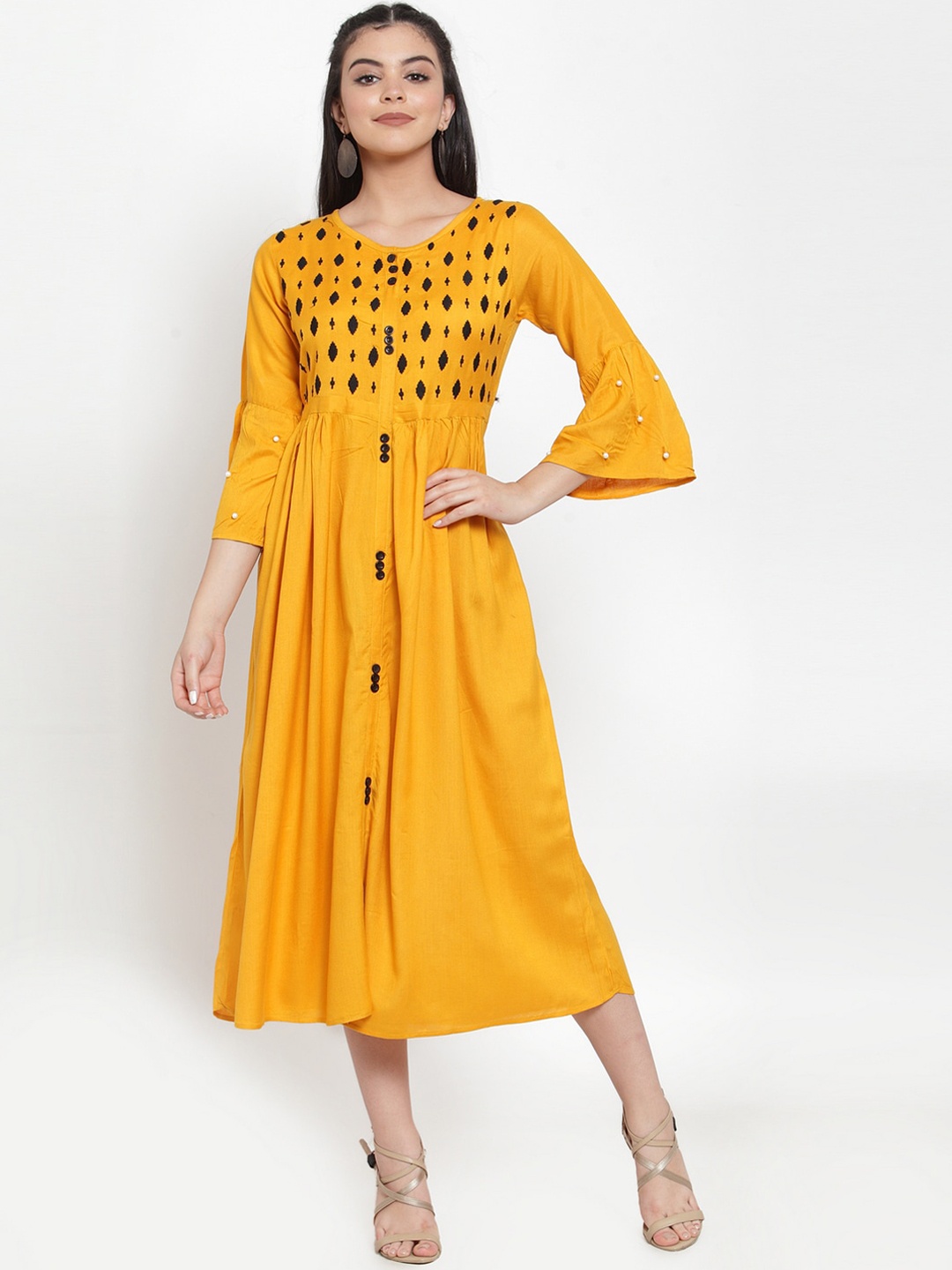 

Miaz Lifestyle Women Mustard Yellow & Black Embroidered Fit and Flare Dress