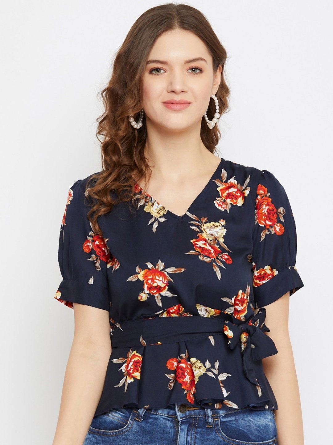 U&F Navy Blue Floral Printed Crepe Peplum Top
