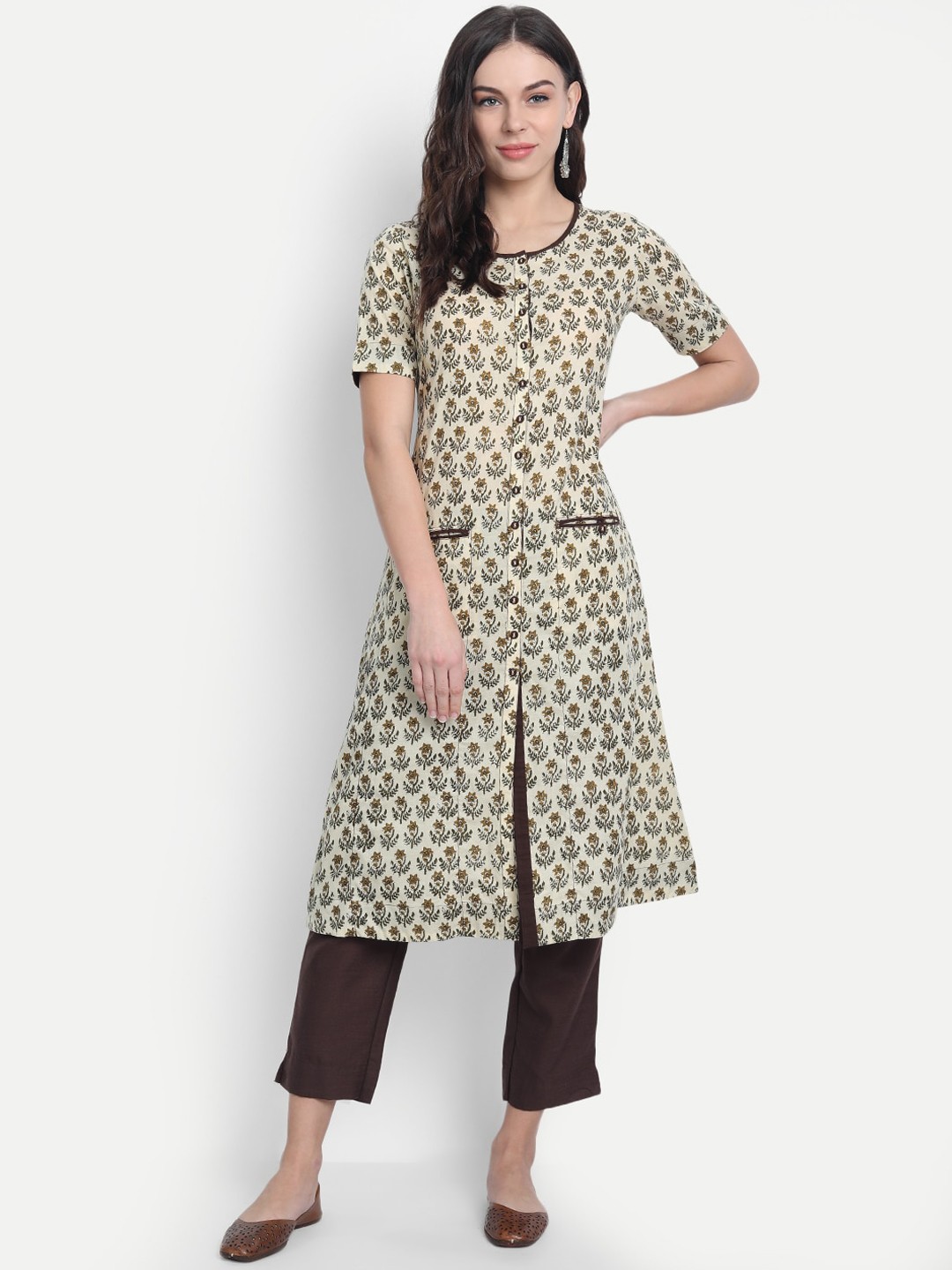 

fabGLOBAL Beige Floral Printed Handloom Kurta