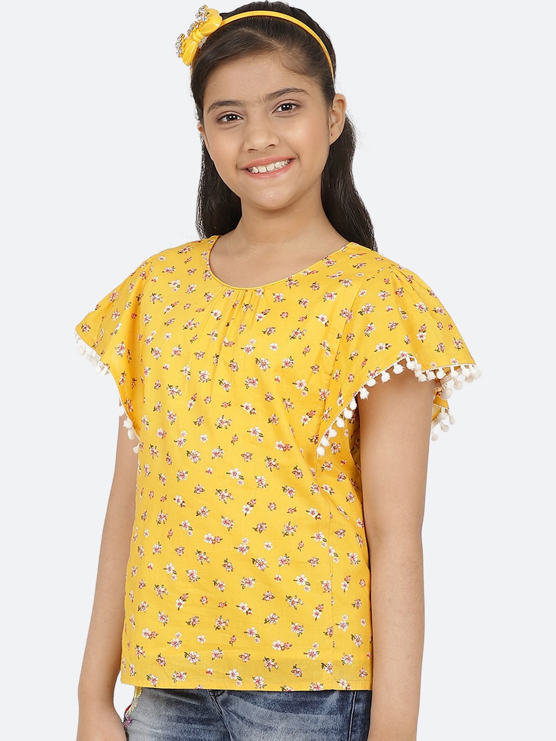 

CACA CINA Yellow Floral Printed Cape Sleeves Pure Cotton Top