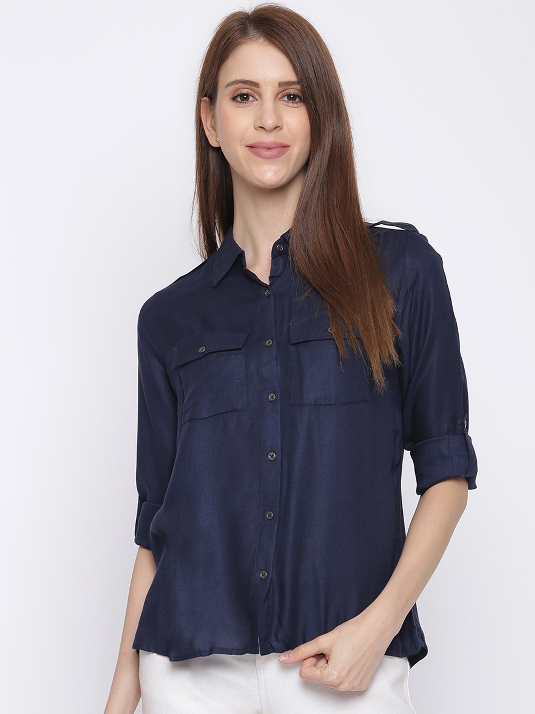 

Pepe Jeans Women Navy Blue Regular Fit Solid Casual Shirt