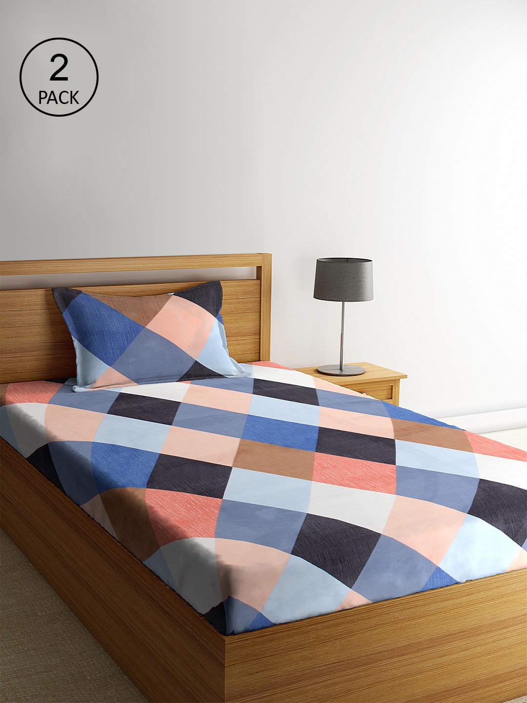 

KLOTTHE Blue & Peach-Coloured Geometric 210 TC Polycotton 2 Single Bedsheet with 2 Pillow Covers