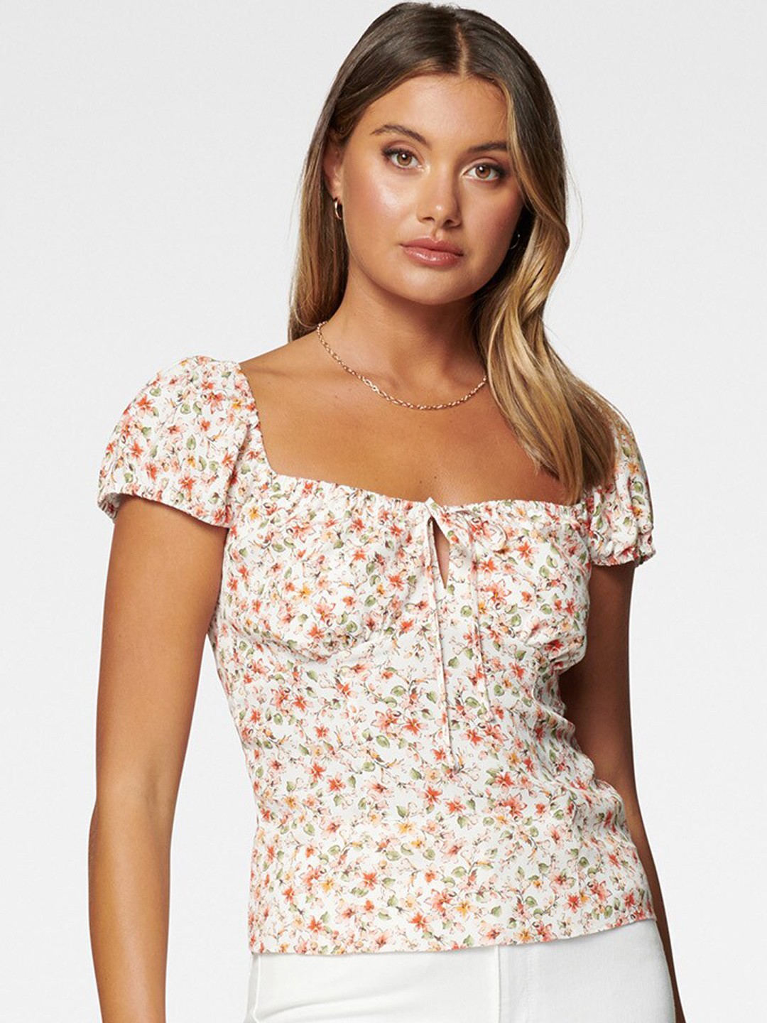 

Forever New White & Orange Floral Printed Top