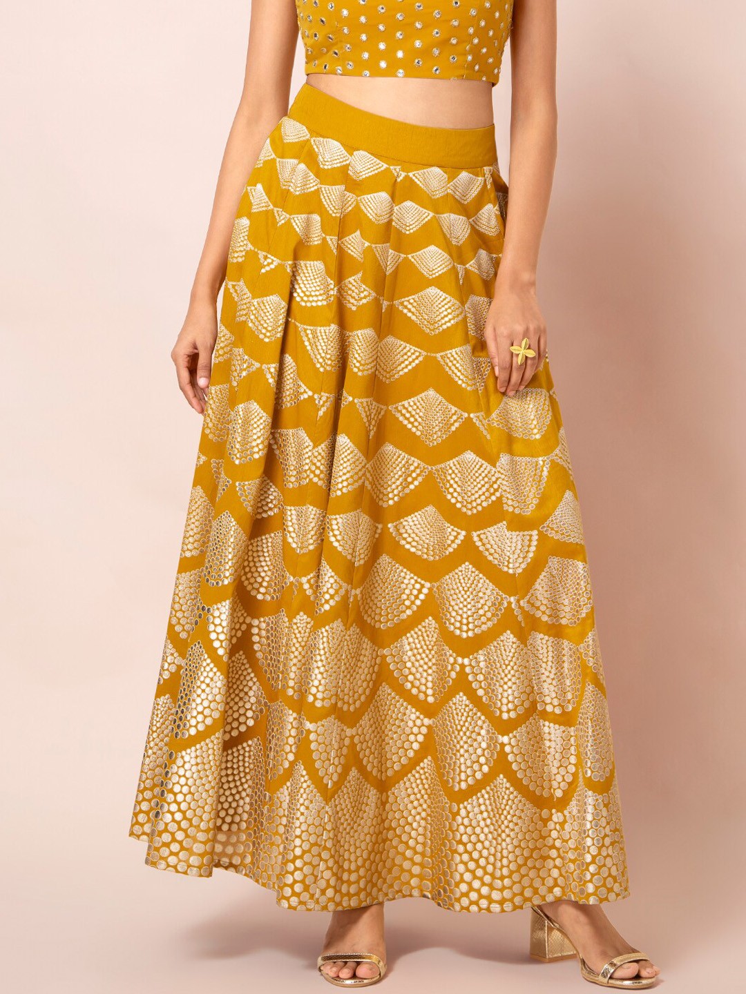 

INDYA Women Mustard Yellow & Silver-Colored Printed A-Line Maxi Skirt