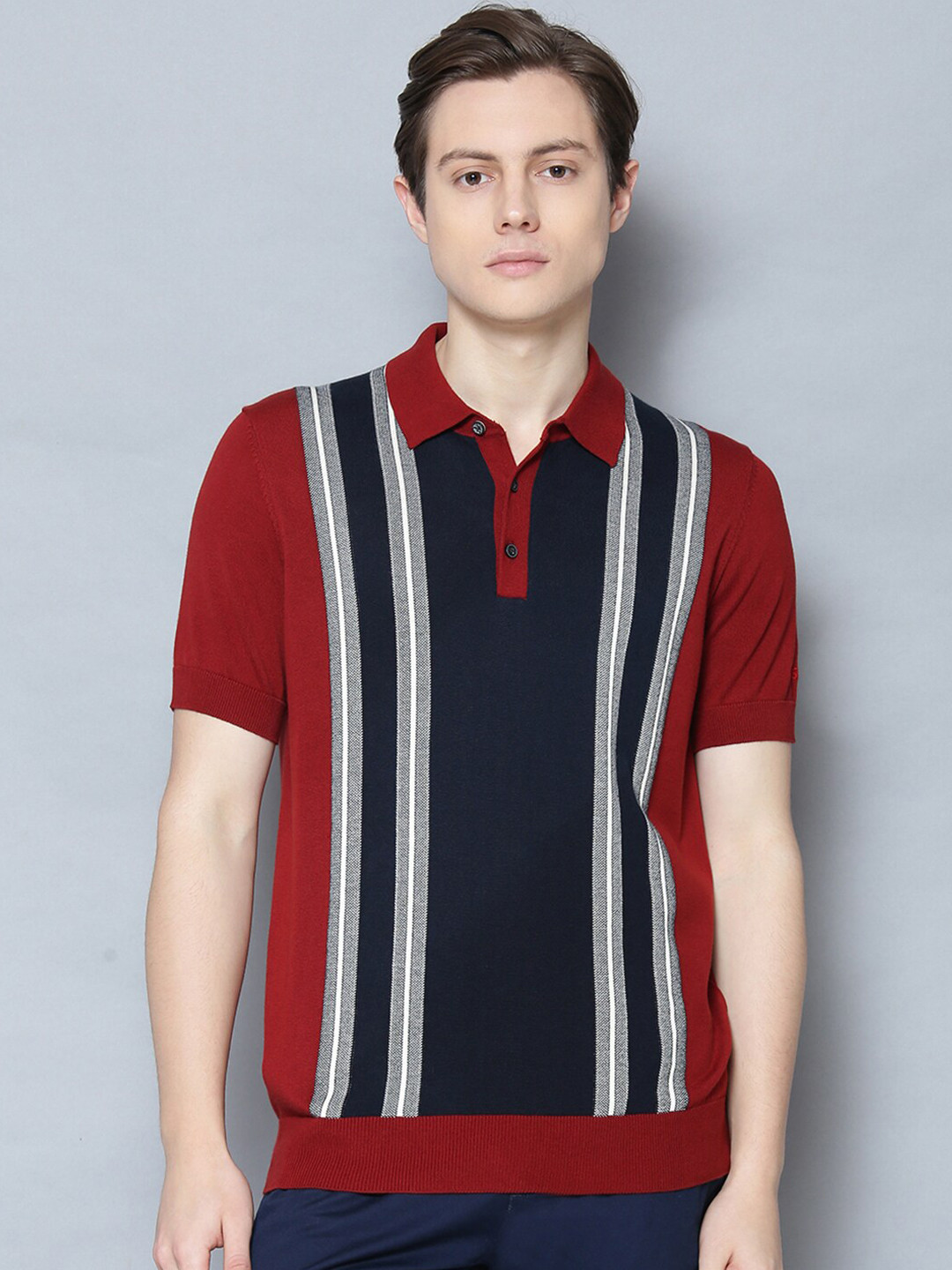 

BEN SHERMAN Men Red Striped Polo Collar T-shirt