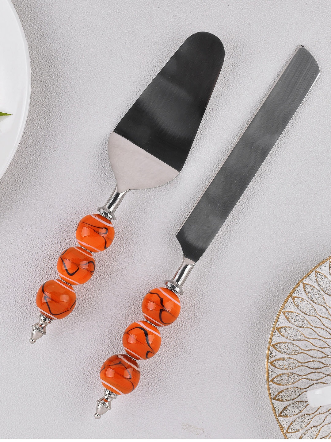 

Homesake Set of 2 Orange & Silver Toned Stainless Steel Cake Server Set with Bead Handle