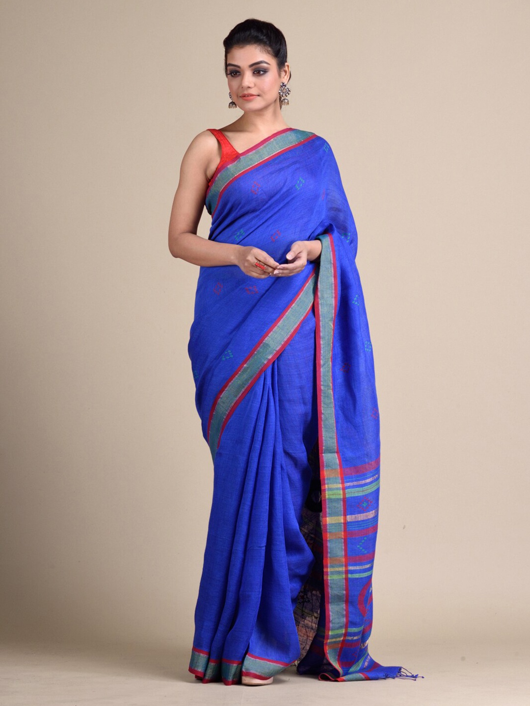 

Mitera Blue & Red Pure Linen Solid Hand Woven Saree