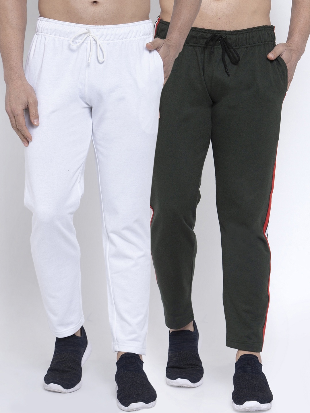 

NEUDIS Men Pack Of 2 Olive Green & White Solid Structured-Fit Track Pants