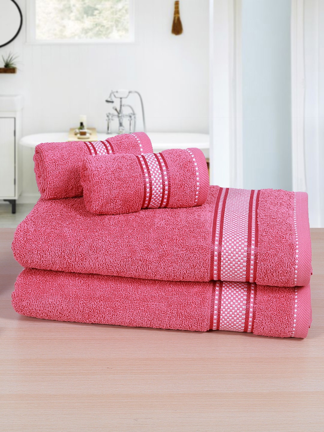 

RANGOLI Set Of 4 Solid 380 GSM Cotton Towels, Pink