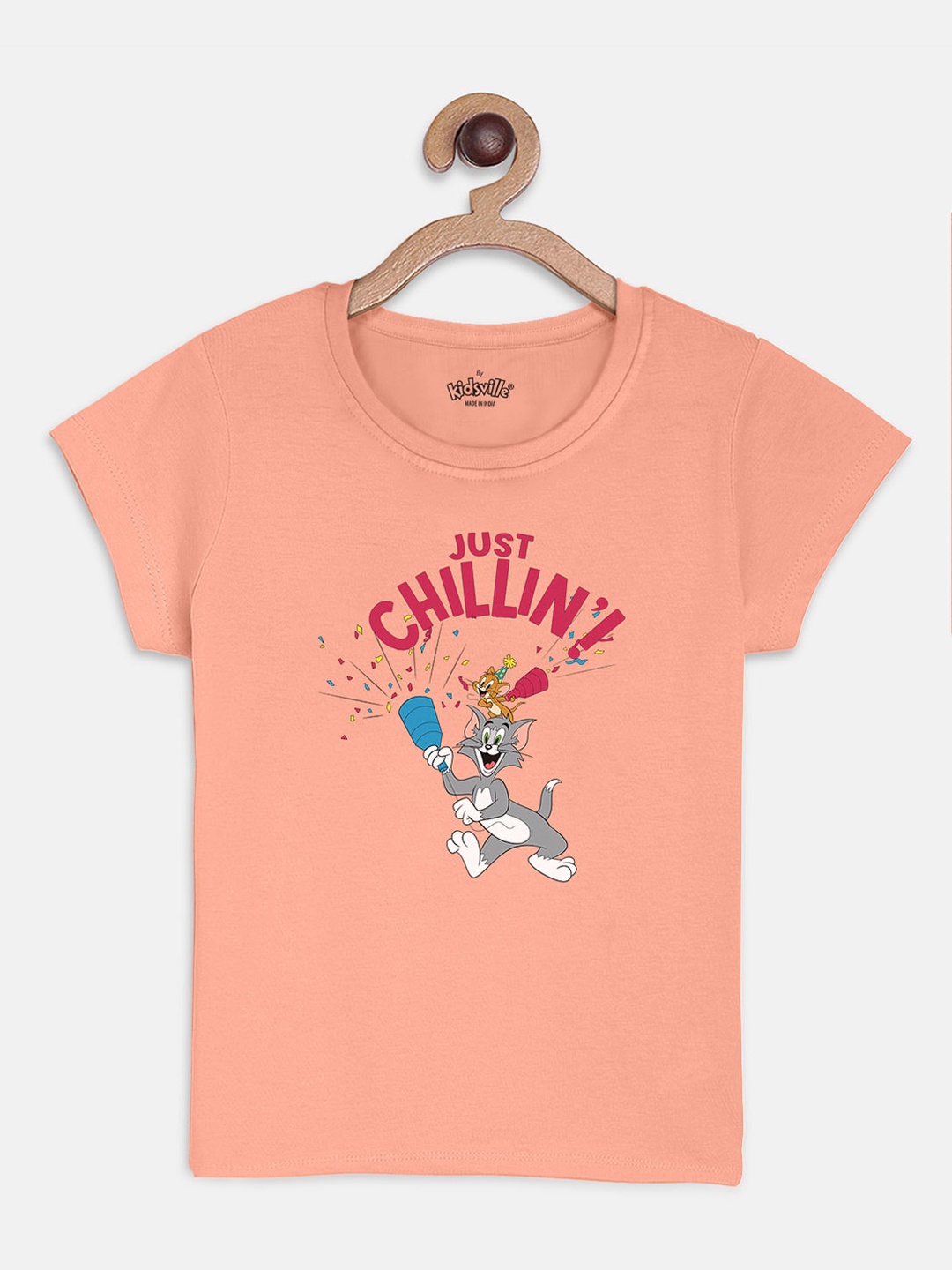 

Kids Ville Tom & Jerry Girls Peach-Coloured & Red Printed Round Neck T-shirt