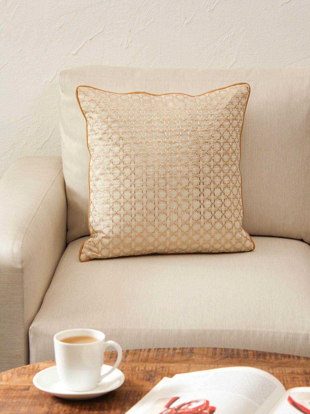 

House This Cream-Coloured & Gold-Toned Set of Single Checked Square Cushion Covers