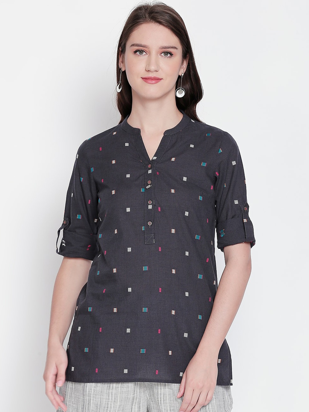 

AKKRITI BY PANTALOONS Women's Charcoal & Yellow Self Design Cotton Tunic