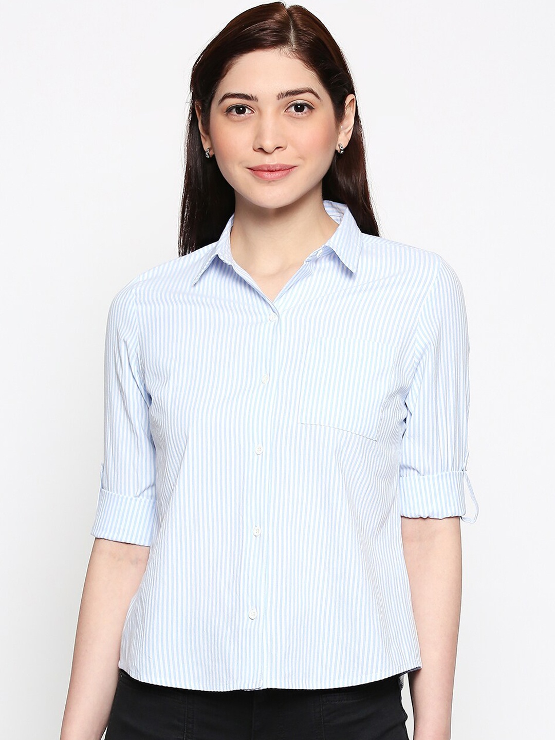 

People Women Blue Regular Fit Striped Casual Shirt