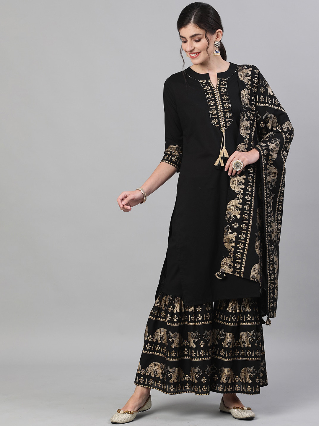 

Ishin Women Black Yoke Design Kurta with Sharara & Dupatta