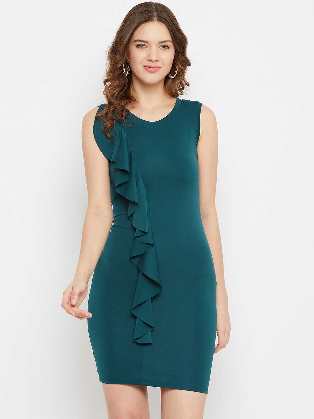 

U&F Women Green Solid Ruffled Bodycon Dress