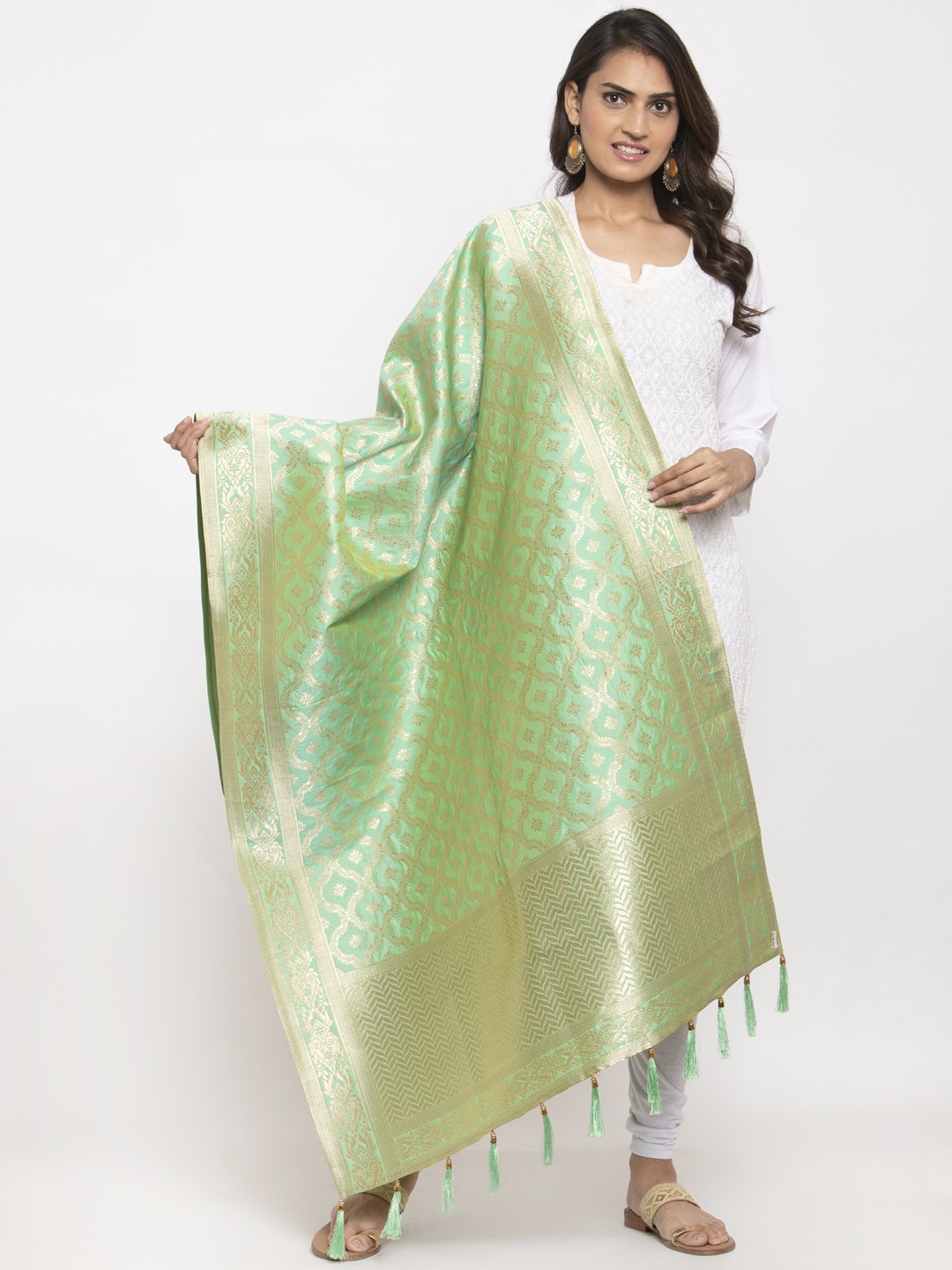 

panchhi Green & Gold-Toned Jacquard Woven Banarasi Dupatta