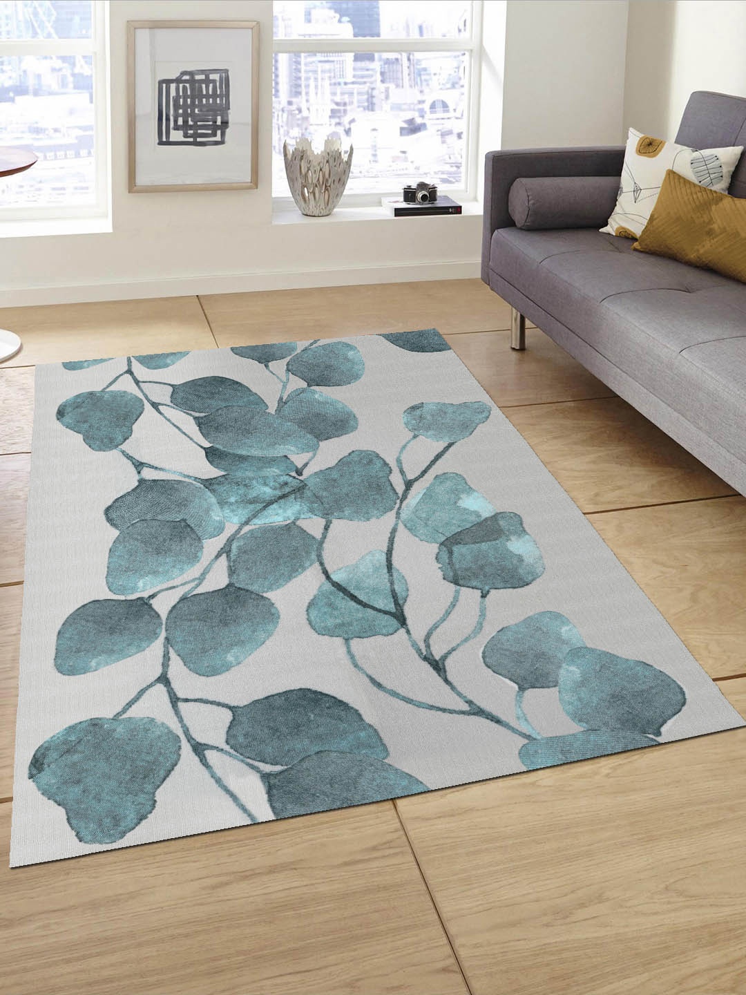 

Status Grey & Teal-Blue Printed Anti-Skid Carpet
