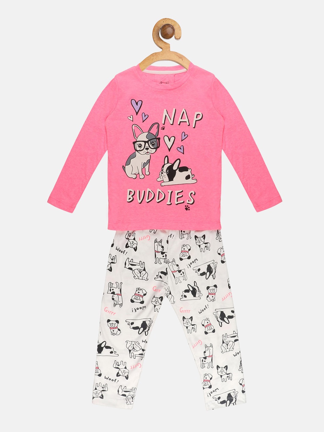 

Lazy Shark Girls Pink & Off-White Printed Night Suit