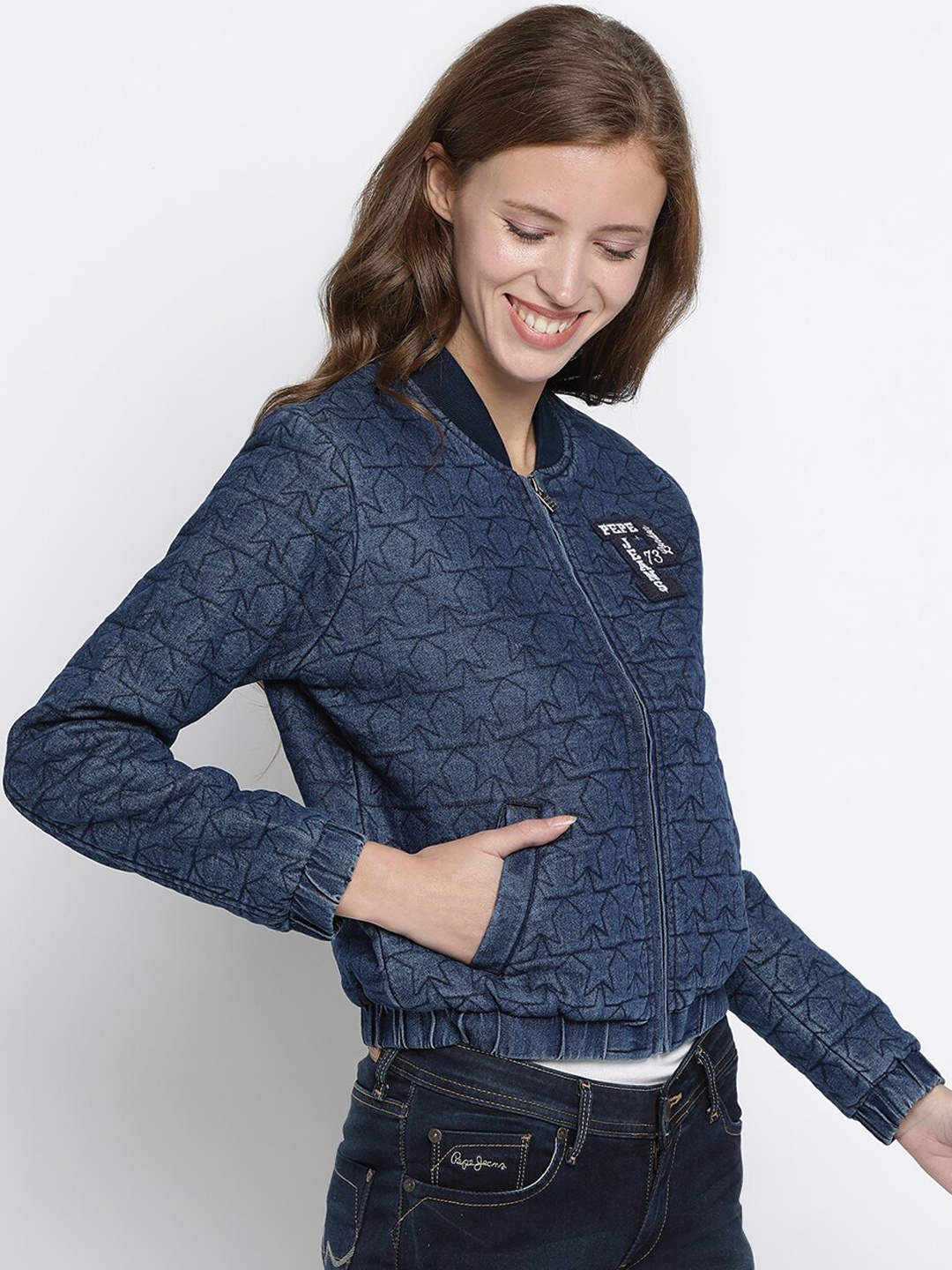 

Pepe Jeans Women Navy Blue Printed Sporty Jacket