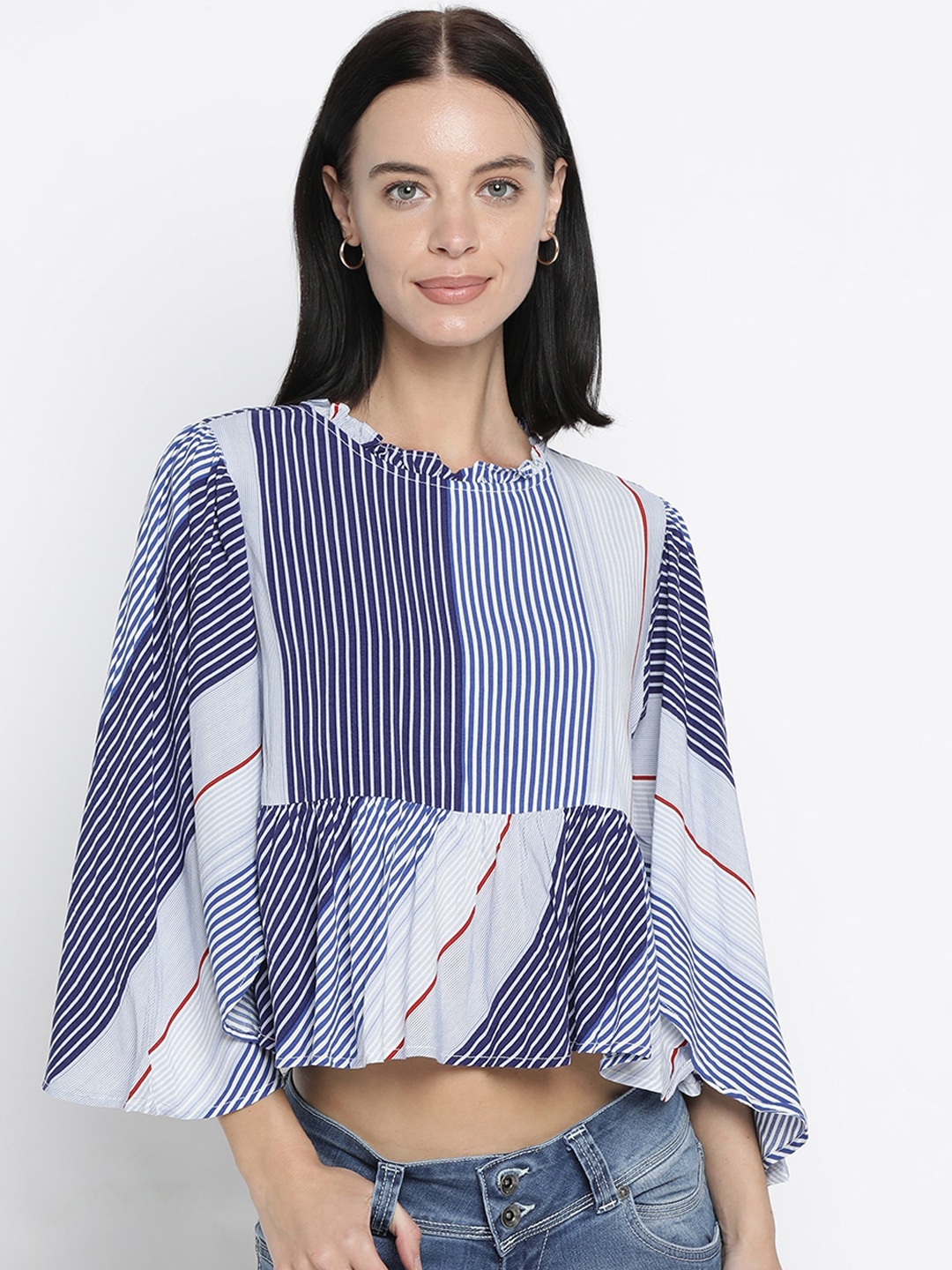 

Pepe Jeans Blue Striped Flutter Sleeves Crop Top