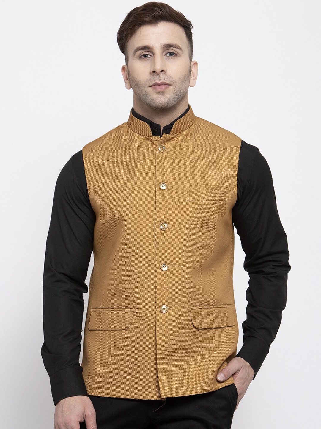 

Wintage Men Brown Woven Design Satin Nehru Jacket