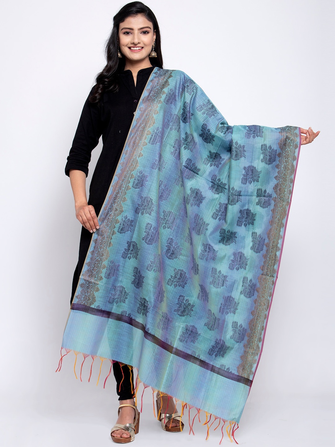 

LOOM LEGACY Blue & Grey Banarsi Cotton Silk Jacquard Dupatta