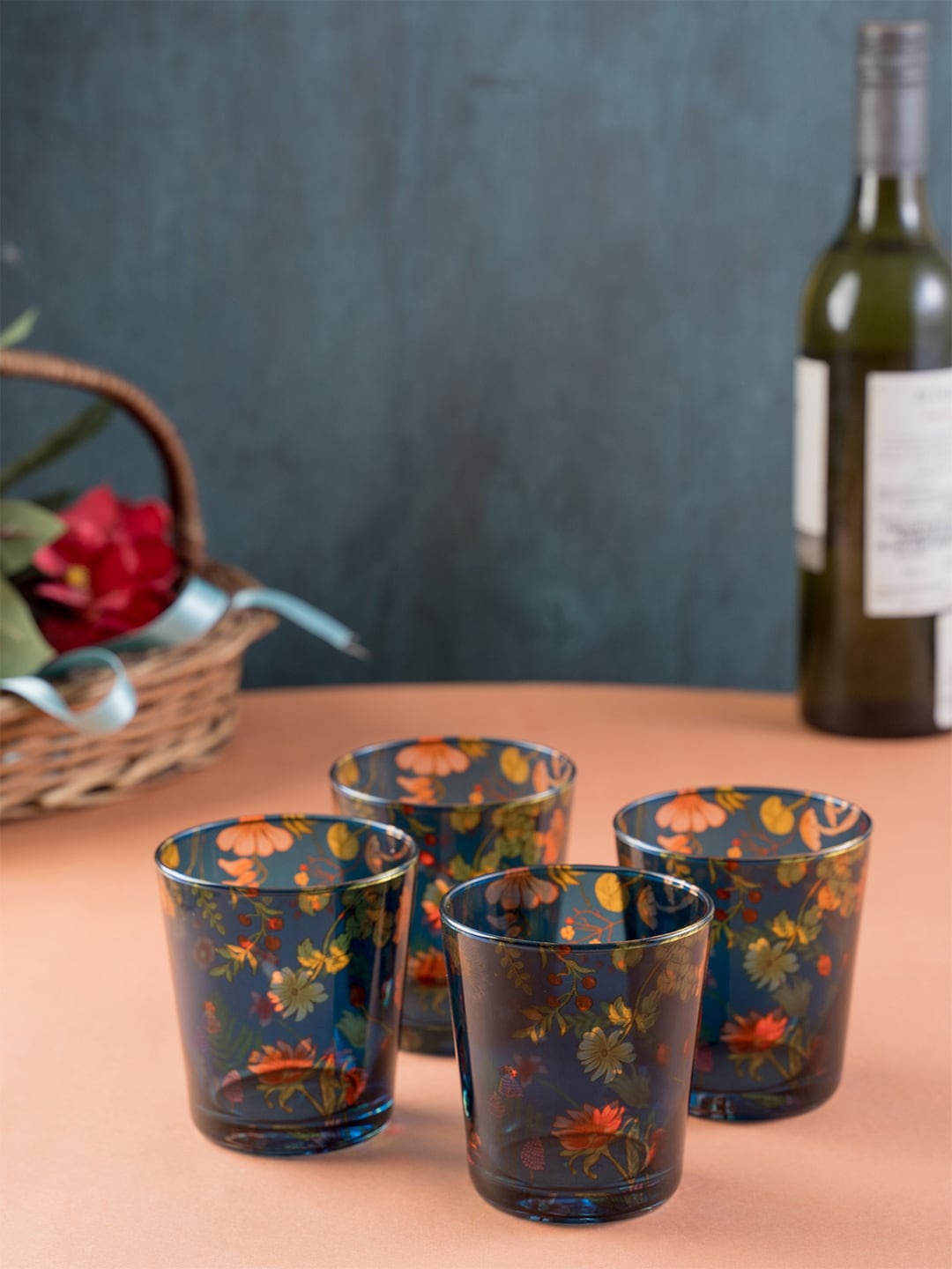 

KOLOROBIA Set Of 4 Blue & Orange Floral Bliss Inspired Glass Tumblers