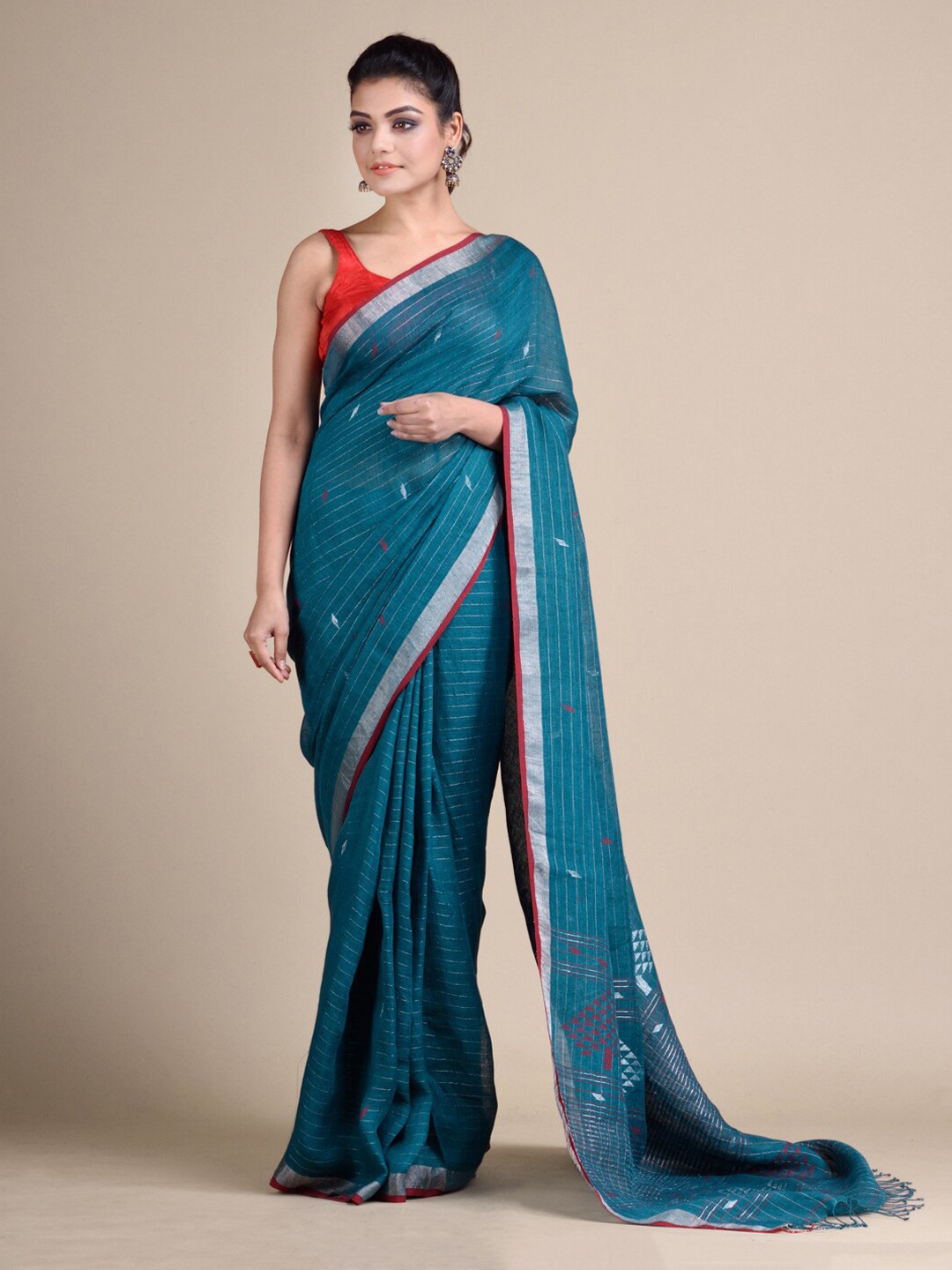 

Mitera Teal & Off-White Pure Linen Woven Design Hand Woven Saree